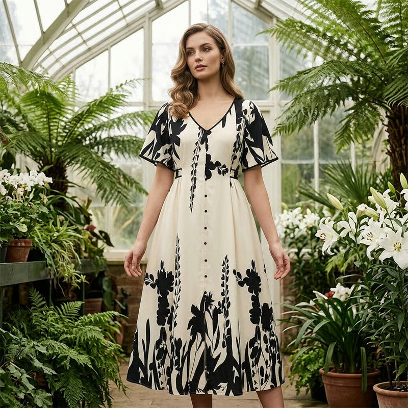 Elegant V-Neck Botanical Print Midi Dress