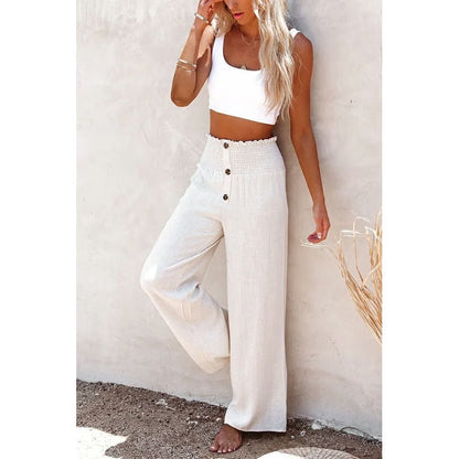 Linen Blend High Rise Smocked Pants