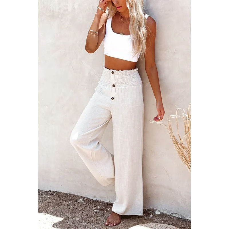 Linen Blend High Rise Smocked Pants