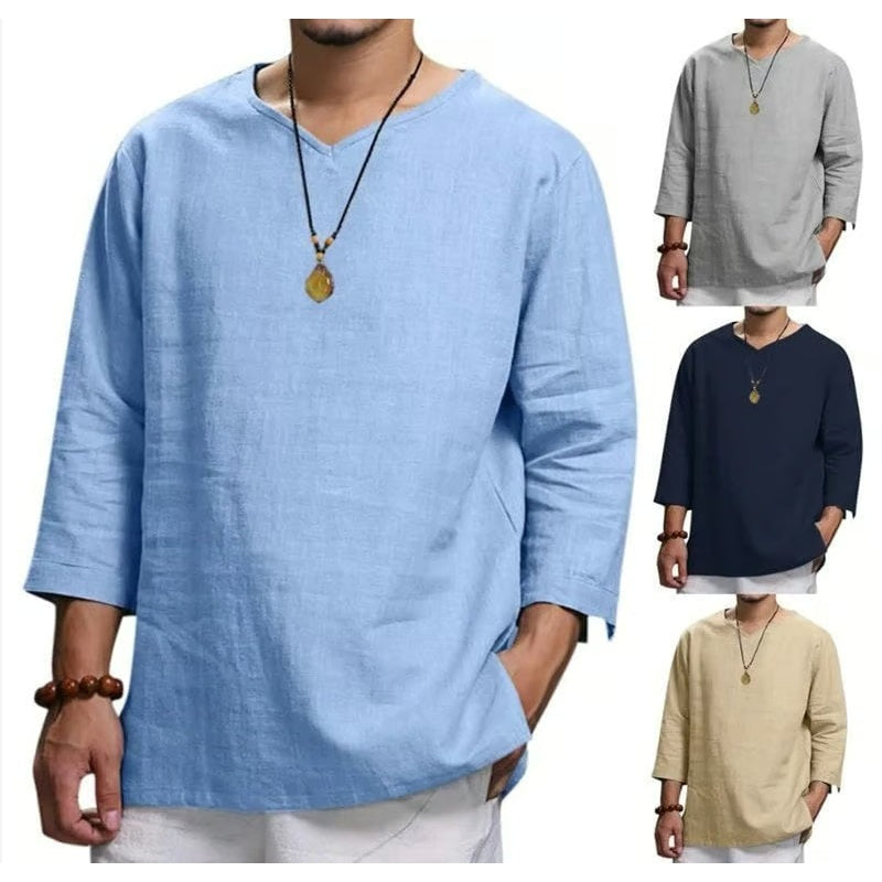 Men's Long-sleeved V-neck Linen Loose Shirt