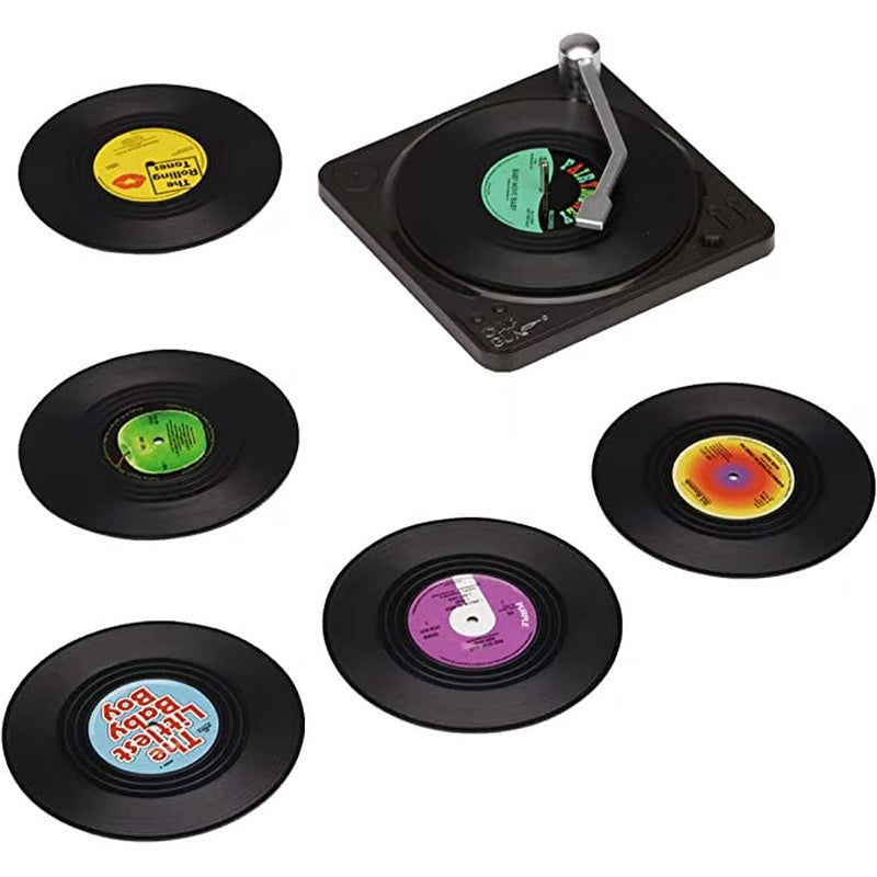 Vinyl Record Coasters with Retro Vinyl Player Holder